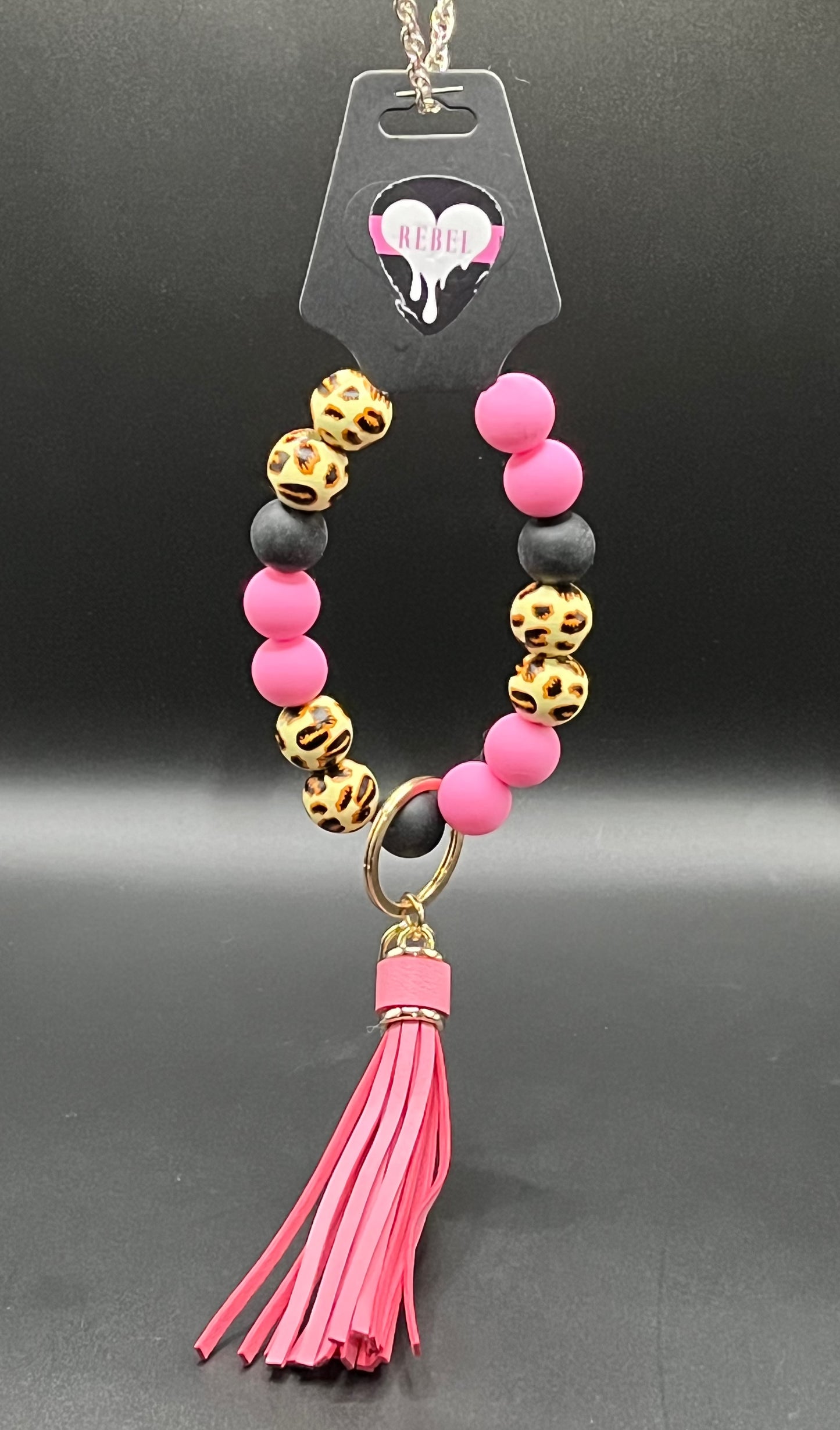 Pink + Black Leopard Print Silicone Beaded Valet Wristlet