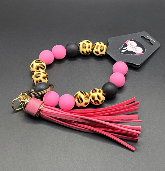 Pink + Black Leopard Print Silicone Beaded Valet Wristlet