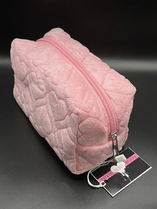 Fuzzy Hearts Makeup Bag - Pink