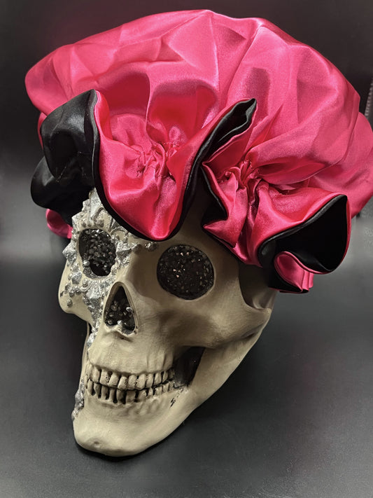 Double Layer Satin Hair Bonnet - Reversible Black/Pink